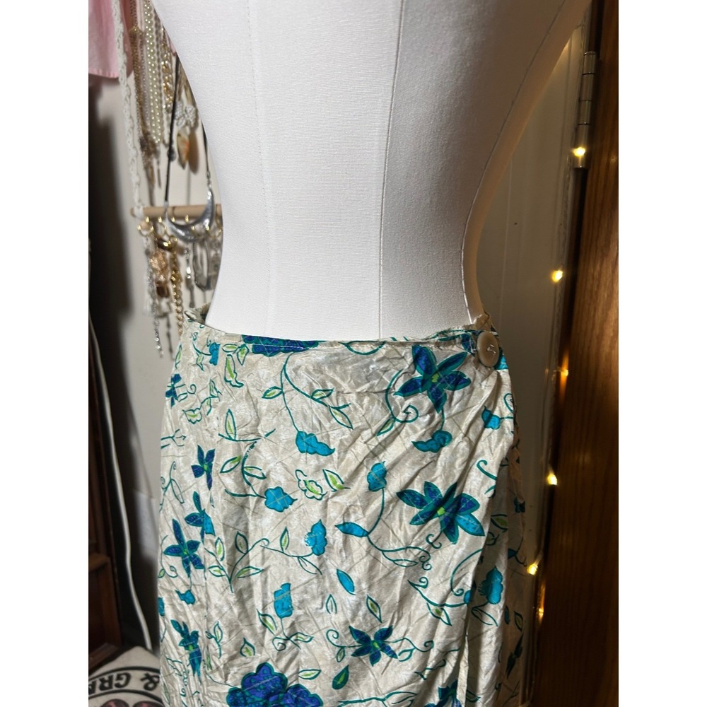 Vintage Womens Blue Green Floral 100% Silk Wrap Maxi Skirt Costal Boho S - Picture 2 of 9